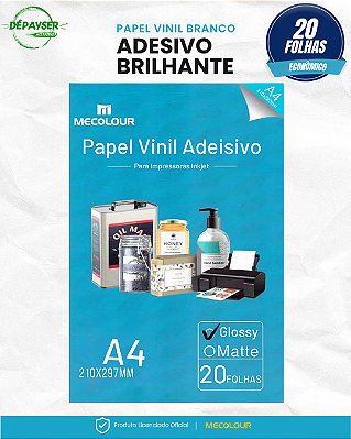Papel Vinil Adesivo Branco Glossy A4 135g Mecolour 20 Folhas à Prova d’Água para Jato de Tinta