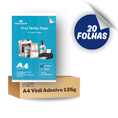 Papel Vinil Adesivo Branco Glossy A4 135g – 20 Folhas Mecolour à Prova d’Água