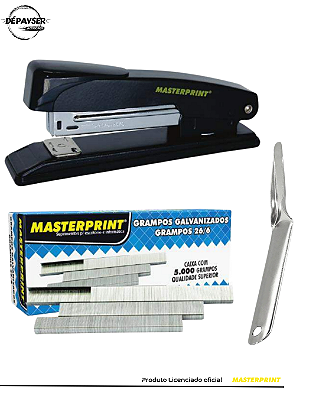Kit Grampeador Masterprint com 5.000 Grampos 26/6 e Extrator Espátula para Escritório