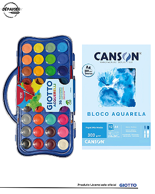 Kit Aquarela Profissional Canson A4 300g 12fl + Giotto 36 Cores Pastilhas 30mm