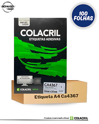 Etiqueta Impressora A4 210 X 297mm 100 Fls 1 etiqueta por folha Ca4367 Colacril Cor Branco