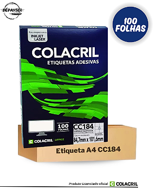 Etiqueta Colacril Cc184 (84,7x101,6) 6 etiquetas por folha - Cx C/ 100 Folhas Cor Branco