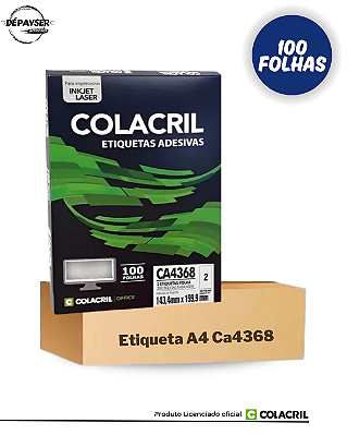 Etiqueta Adesiva A4 143,4x199,9mm 100 Fls 2 etiquetas por folha Ca4368 Colacril Branco