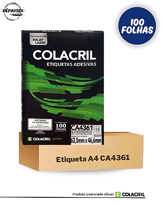 Etiqueta Adesiva A4 CA4361 63,5x46,6 mm Colacril 100 Folhas 18 Etiquetas por Folha 1800 Etiquetas p/ Jato de tinta ou Laser