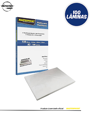 PLÁSTICO PARA PLASTIFICACAO A3 100 FOLHAS 125MICRAS 0,05 ESPESSURA - MasterPrint
