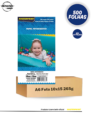Papel Fotográfico Glossy 10x15cm A6 265g Branco Brilhante - 500 Folhas
