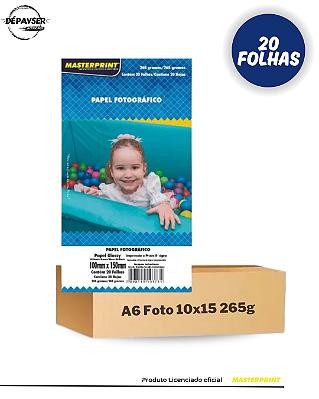 Papel Fotográfico Glossy 10x15cm A6 265g Branco Brilhante - 20 Folhas