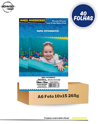 Papel Fotográfico Glossy 10x15cm A6 265g Branco Brilhante - 40 Folhas