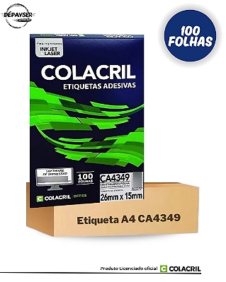 Etiqueta Adesiva A4 Colacril CA4349 (26x15mm) 100 Folhas 126 etiquetas p/ Folha Jato de tinta ou Laser Cor Branca