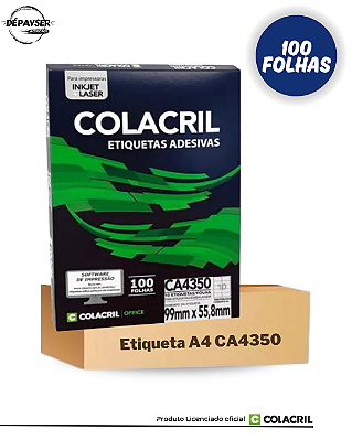 Etiqueta Adesiva A4 Colacril CA4351 (38,1x21,2mm) 100 Folhas 65 etiquetas p/ Folha Jato de tinta ou Laser Cor Branca