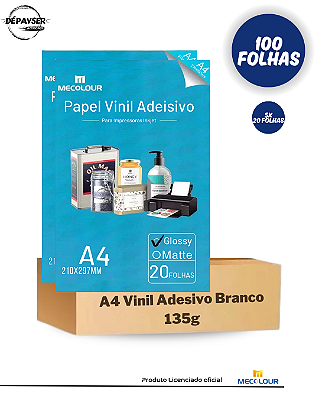 Papel Vinil Adesivo Branco Glossy A4 135g – 100 Folhas Mecolour à Prova d’Água