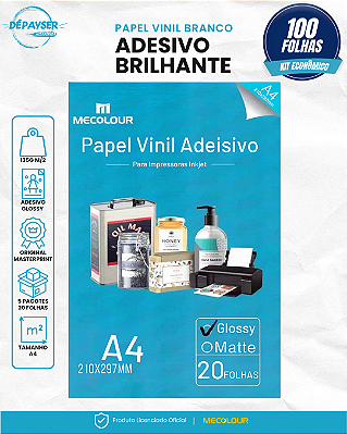 Papel Vinil Adesivo Branco Glossy A4 135g Mecolour 100 Folhas à Prova d’Água para Jato de Tinta