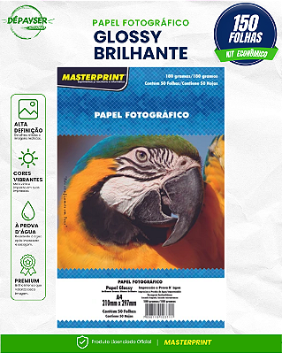 Papel Fotográfico Glossy Brilhante Sem Adesivo A4 180g Masterprint Premium 150 Folhas para Jato de Tinta