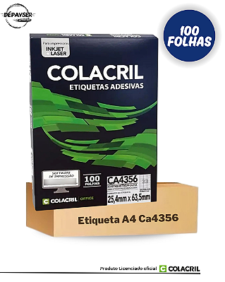 Etiqueta Adesiva A4 Colacril CA4356 (25,4x63,5mm) 100 Folhas 33 etiquetas p/ Folha Jato de tinta ou Laser Cor Branca