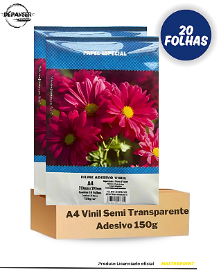 Papel Vinil Adesivo 150g A4 Semi Transparente Glossy Brilhante A prova d´água 20 Folhas Masterprint