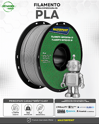 Filamento PLA Prata Prateado 1,75mm 1kg Masterprint para Impressora 3D