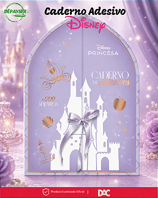 Caderno de Adesivos Princesas Disney com 200 Adesivos 20 Folhas 15x21cm e Fechamento em Fita de Cetim DAC