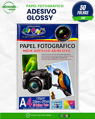 Papel Fotográfico Adesivo Glossy Brilhante A4 130g 50 Folhas Off Paper Premium para Impressora Jato de Tinta