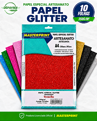 Papel Laminado Glitter A4 250g Masterprint 10 Folhas para Artesanato – Várias Cores