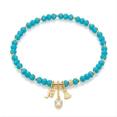 PULSEIRA COM CRISTAIS TURQUESA E PINGENTES FÉ