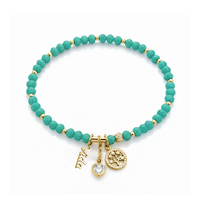 PULSEIRA COM CRISTAIS VERDES E PINGENTES VIDA