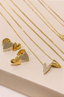 CONJUNTO DUPLO CORAÇÃO LISO E CRAVEJADO COM ZIRCÔNIAS