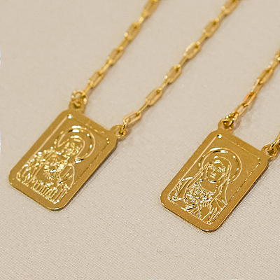 ESCAPULÁRIO NOSSA SENHORA E SAGRADO CORAÇÃO BANHADO A OURO 18K