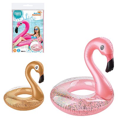 Boia de Flamingo Circular Rose Gold com Glitter Inflável Divertida para Piscina 120 cm