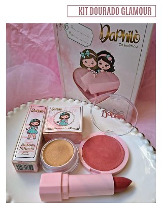 KIT DOURADO GLAMOUR (Batom Nude + Sombra Dourada + Blush Coral)