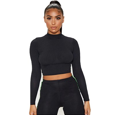 Cropped Sem Bojo Gola Alta Blusinha Feminina Manga Longa