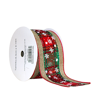 FITA ARAMADA XADREZ BEGE VERMELHA FLOCO NEVE 6,3CM X 9M 129196