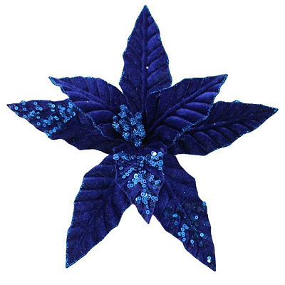 FLOR DE NATAL AVELUDADA AZUL 24CM CABO 20CM 129225