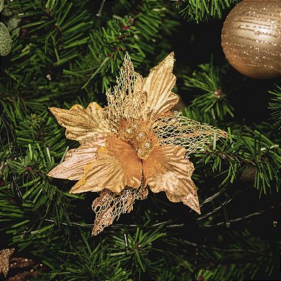 FLOR DE NATAL POINSETIA DOURADA CETIM E RENDA 20CM 9975D