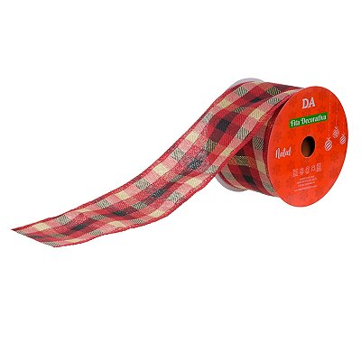 FITA ENFEITE NATAL ARAMADA TECIDO XADREZ C/COSTURA VERMELHO PRETO 6,3CMX9,14M 12883