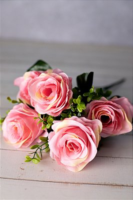 KIT ATACADO 10 BUQUE ROSA ARTIFICIAL C/5 BOTOES 39CM ROSA 130225