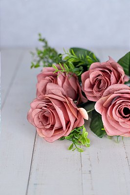 KIT ATACADO 10 ROSA ARTIFICIAL BUQUE 5 BOTOES 39CM ENVELHECIDO130224