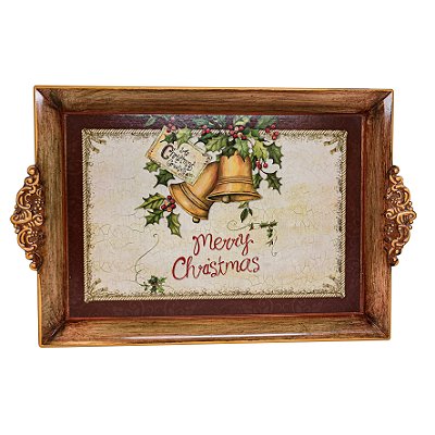 BANDEJA NATALINA MERRY CHRISTMAS COM MOLDURA DOURADA 39,5X28,5CM 130813