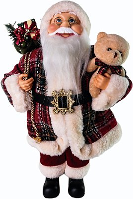 PAPAI NOEL DECORATIVO COM URSO E CASACO XADREZ VERMELHO 40CM