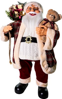 PAPAI NOEL DECORATIVO COM URSO E CASACO XADREZ VINHO 80CM