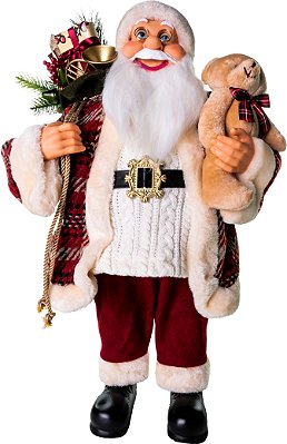 PAPAI NOEL DECORATIVO COM URSO E CASACO XADREZ VINHO 60CM