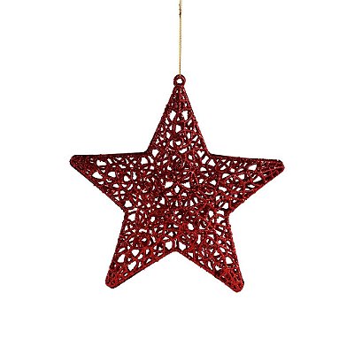 ESTRELA DECORATIVA VAZADA COM GLITTER VERMELHO E CORDÃO 26CM