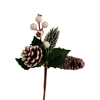 GALHO DECORATIVO FOLHAGEM COM PINHAS E BERRIES 18CM BRANCO
