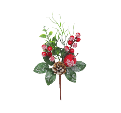 PICK DECORATIVO FOLHAGEM COM PINHA E FRUTA GLITTER 20CM VERMELHO E VERDE