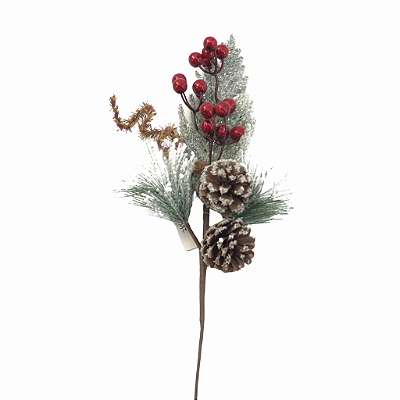 HASTE NATALINA COM PINHAS E FRUTOS VERMELHOS 38CM VERDE