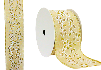 FITA NATALINA ARAMADA 6,3CM X 9,14M BRANCA E DOURADA DECORADA 130924