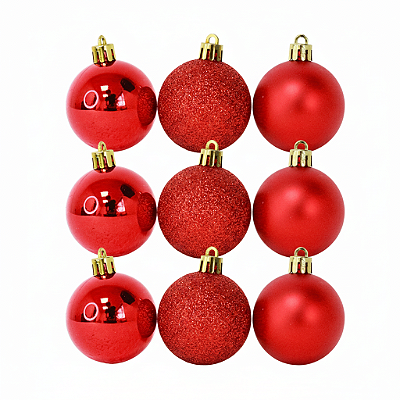 KIT BOLA NATALINA VERMELHA 6CM C/ 9 UNIDADES BRILHO FOSCO E GLITTER 130596
