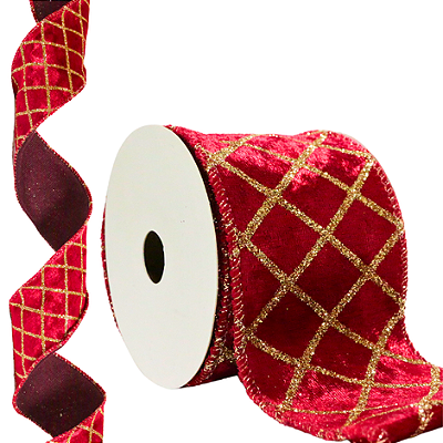 FITA NATALINA ARAMADA 6CM X 9,14M – VELUDO VERMELHO COM DOURADO
