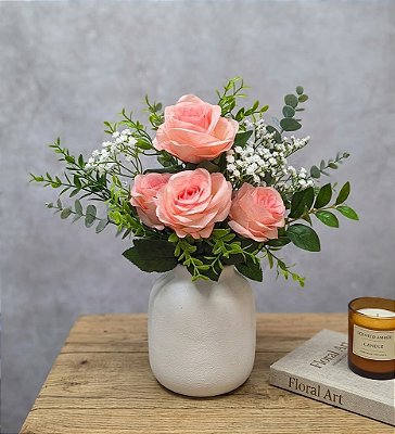 KIT C5 BUQUES DE  ROSA ARTIFICIAL BUQUE 5 BOTOES 39CM ROSA CLARO
