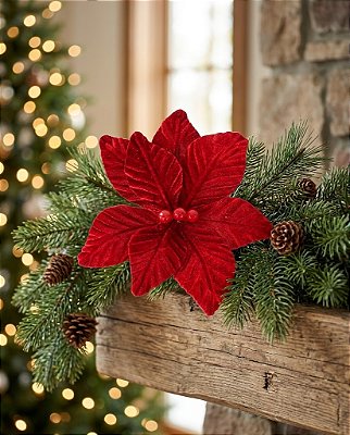 KIT 6 FLOR DE NATAL AVELUDADA VERMELHA 24CM CABO 30CM