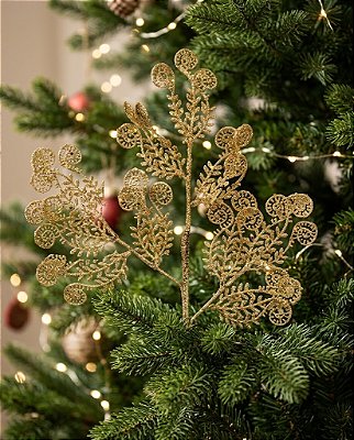 HASTE FOLHAS GLITTER 50CM DOURADO
